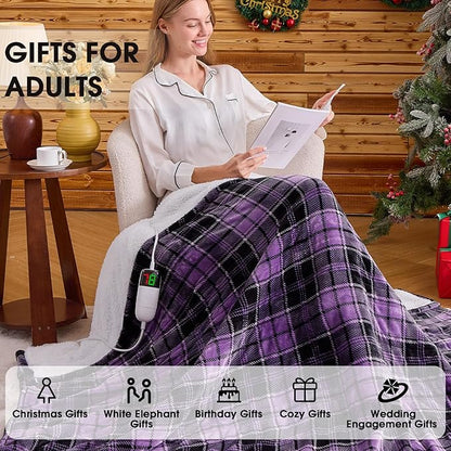 Heated Blanket Electric Full Size,72X84 Heating Blanket,Brown Plaid Soft Sherpa Blankets Warmer Gift for Grandma Women Adult,Fast Heating Washable