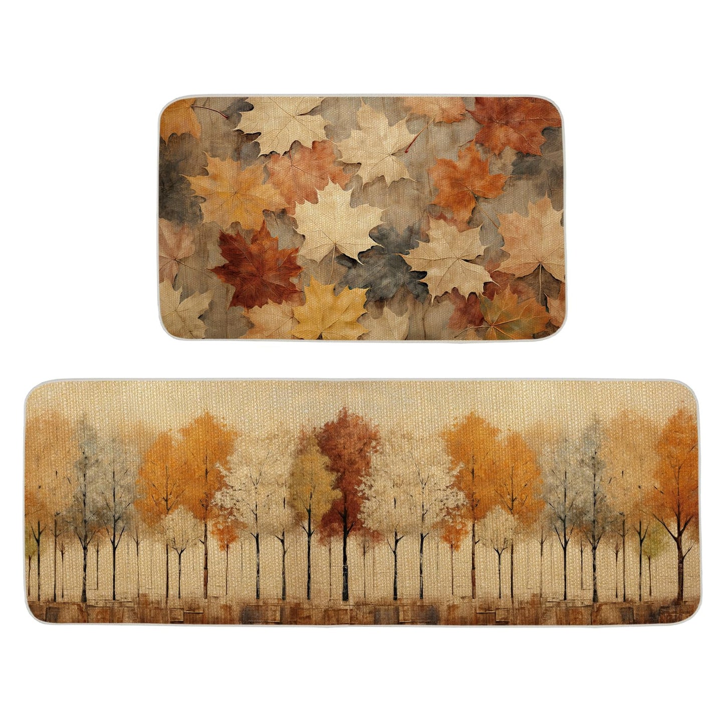 ONWAY Fall Kitchen Mats Set of 2 17x29 and 17x47 Inch Low-Profile Autumn Kitchen Rugs with Leaves Trees Non Slip Washable Mats for Sink Entryway Home Decor Thanksgiving Seasonal Floor Mat