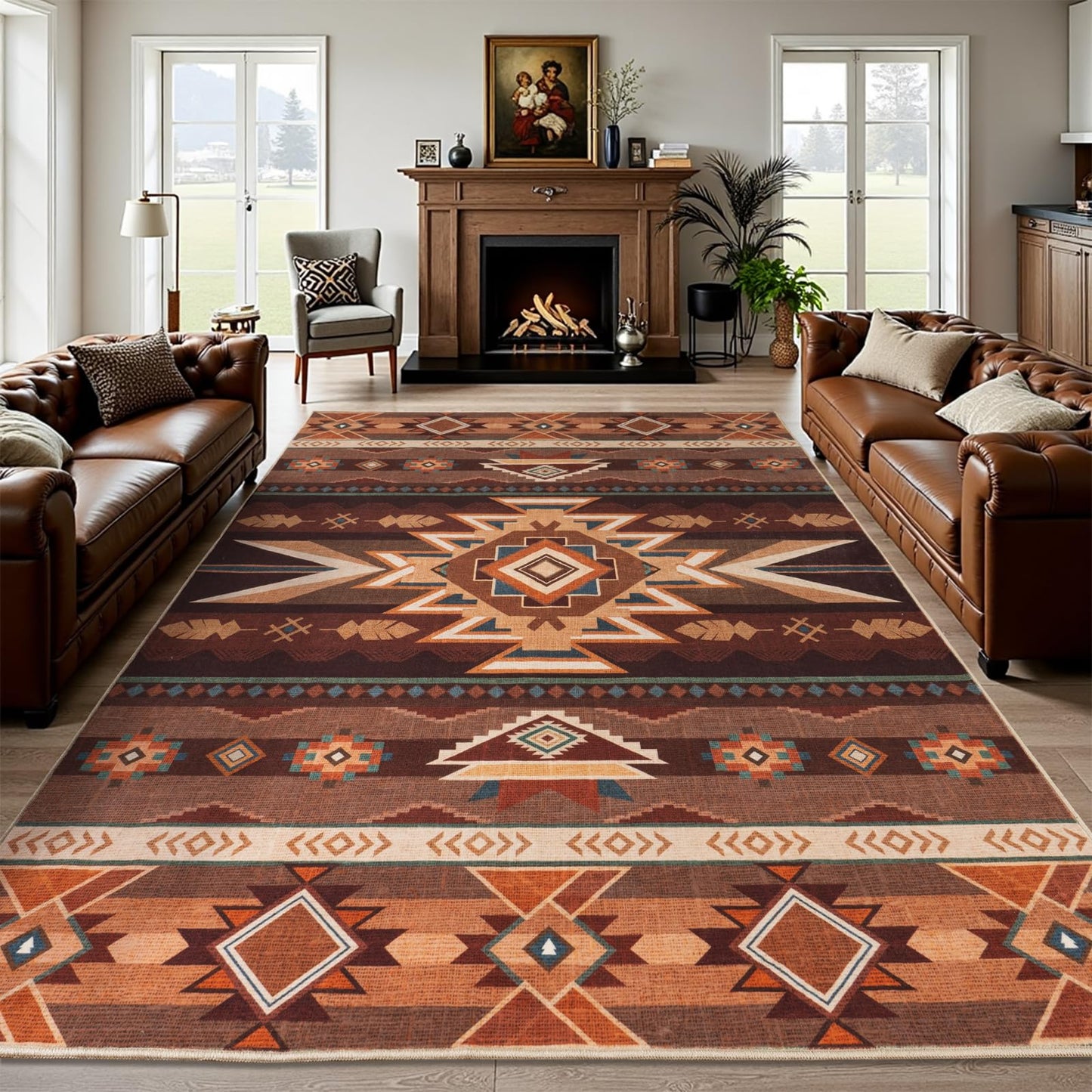 Western Rug for Living Room, 5x7 Non Slip Low Pile Aztec Rug for Bedroom, Dining Room Rugs for Under Table, Office, Machine Washable Area Rugs, Red Brown