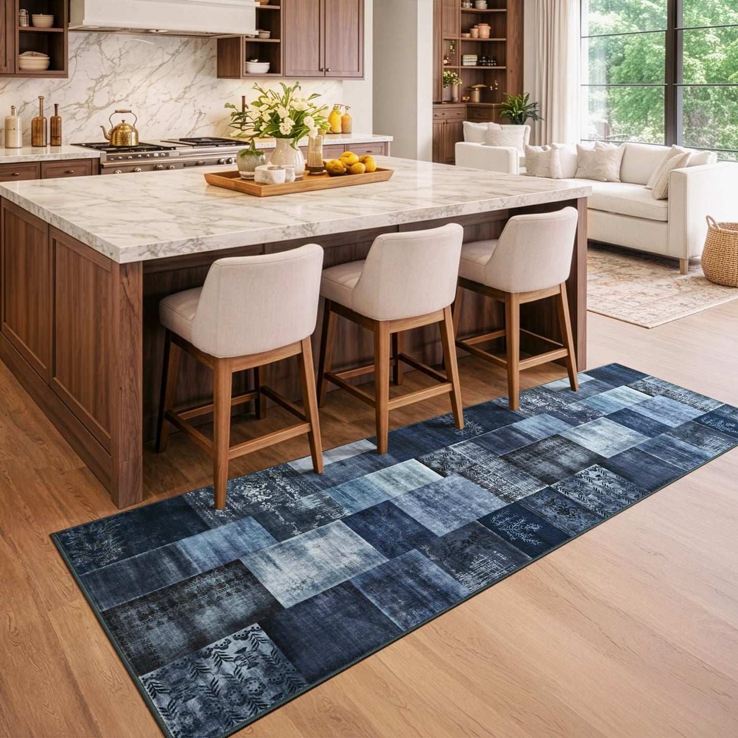 DweIke Runner Rug for for Hallways, 2'x6' Washable Kitchen Rugs with Non Slip Rubber Backing, Soft Low Pile Non-Shedding Geometric Carpet for Laundry Bedroom Bathroom, Navy Blue