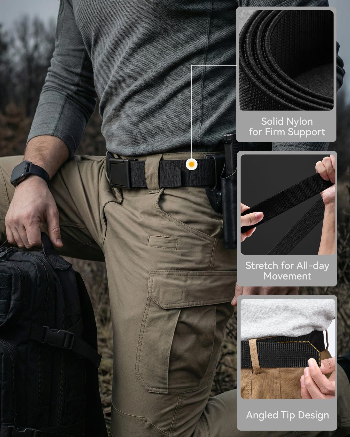 CHAOREN Tactical Belt Men - 1.5" Stretch Work Belt with Quick Release Zinc Alloy Buckle for Military Casual Jeans Hiking