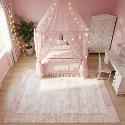 Cnythlis Large 8'x10' Washable Boho Area Rug, Distressed Vintage Medallion Carpet for Big Dining Room, 0.26" Low Pile Spill Resistant Faux Wool Rug - Foldable Non-Slip Silicone Grip, Pink & White