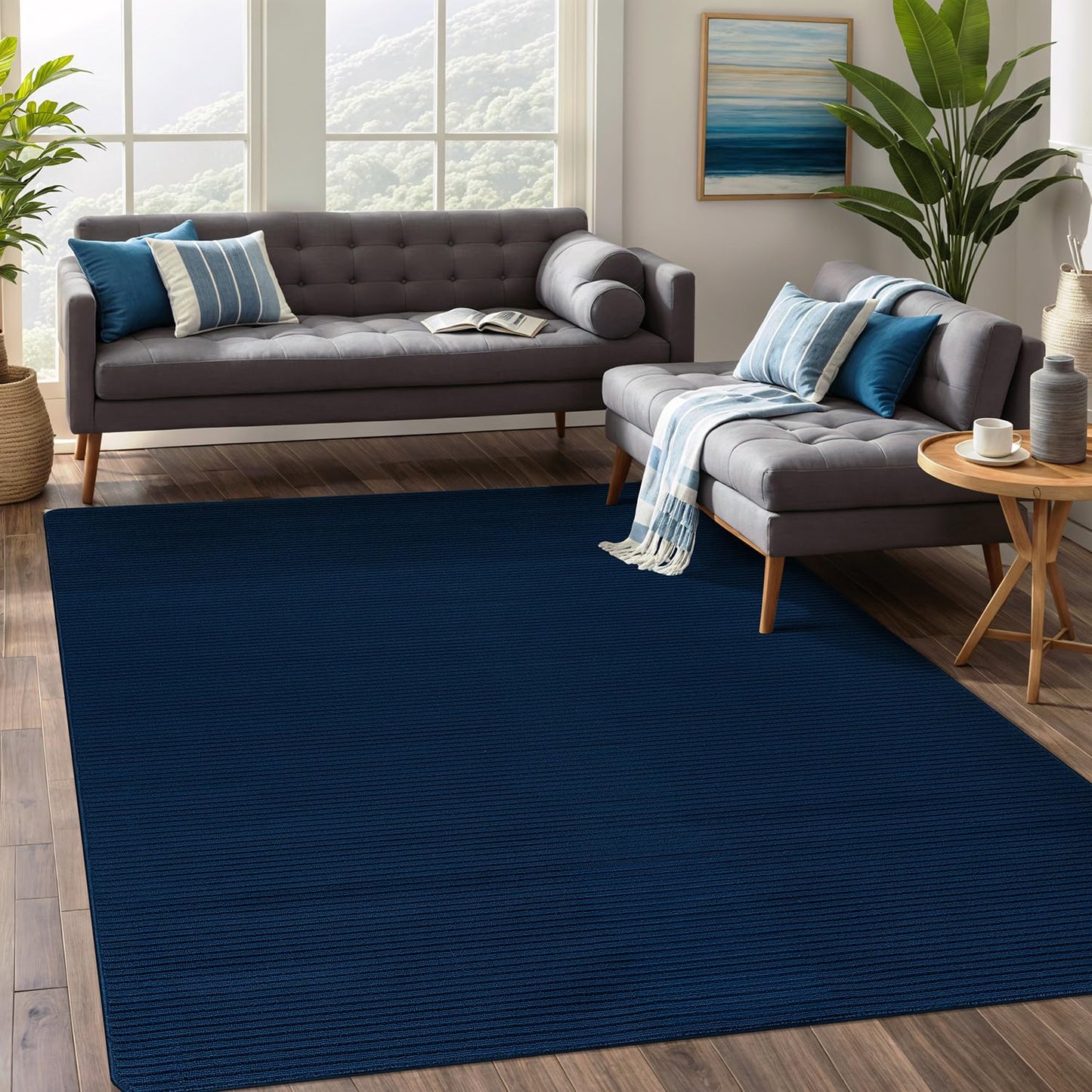 Beverly Rug Non-Slip Modern Rug 5x7 Solid Traditional Rubber Backing Machine Washable Soft Thin Indoor Area Rugs for Living Room Stain Resistant Non Shedding Casual Carpet (5 x 7 Navy Blue)