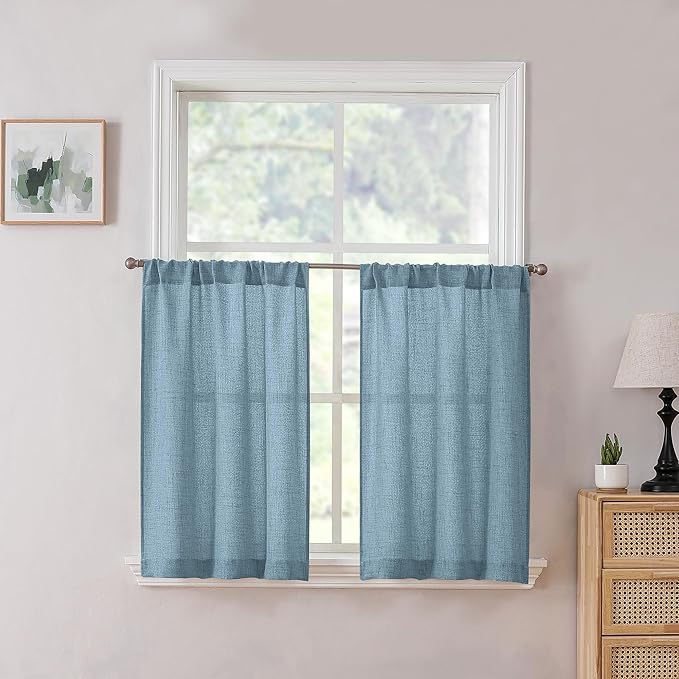 Tollpiz Linen Tier Curtain Rod Pocket Semi Sheer Half Kitchen Curtains Burlap Light Filtering Thick Linen Drape for Bathroom, 30 x 36 inches Long, Dusty Blue, Set of 2 Panels