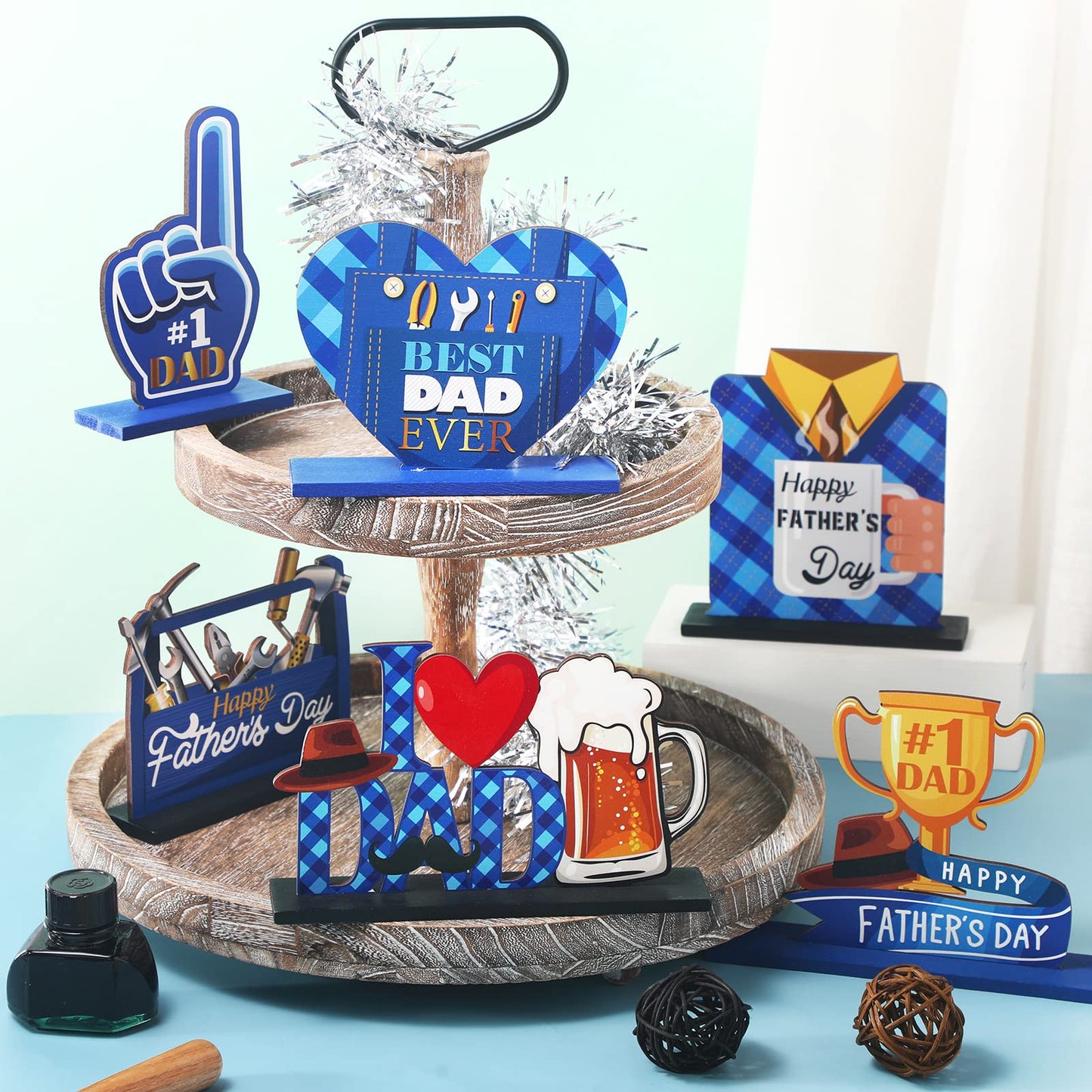 Qunclay 6 Pcs Father's Day Table Decorations Happy Father's Day Wooden Table Centerpiece Fathers Day Table Sign Centerpiece Fathers Day Decorations Party Centerpieces Birthday Party Supplies