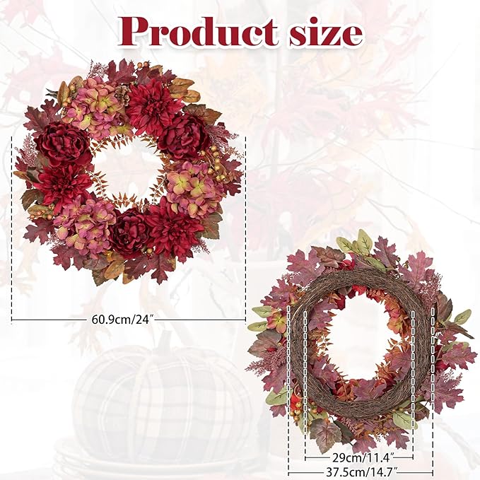 Hollyone 24inch Fall Wreath for Front Door Fall Decor Autumn Wreath Artificial Flower Wreaths with Hydrangea Peonies Dahlia Handmade Outdoor Indoor Halloween Farmhouse Harvest Decorations for Home