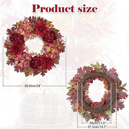 Hollyone 24inch Fall Wreath for Front Door Fall Decor Autumn Wreath Artificial Flower Wreaths with Hydrangea Peonies Dahlia Handmade Outdoor Indoor Halloween Farmhouse Harvest Decorations for Home