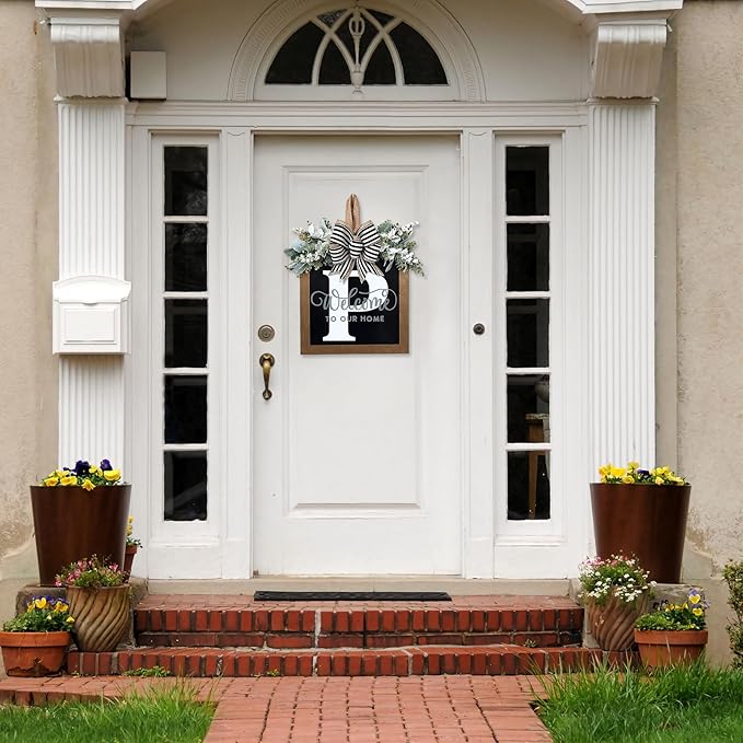 Ultra Large 14'' Last Name All Year Round Front Door Wreath with 26 Initial Letter Welcome Sign All Seasons Eucalyptus Garland and Bow Wreaths for Front Door Porch Farmhouse Decoration (P)