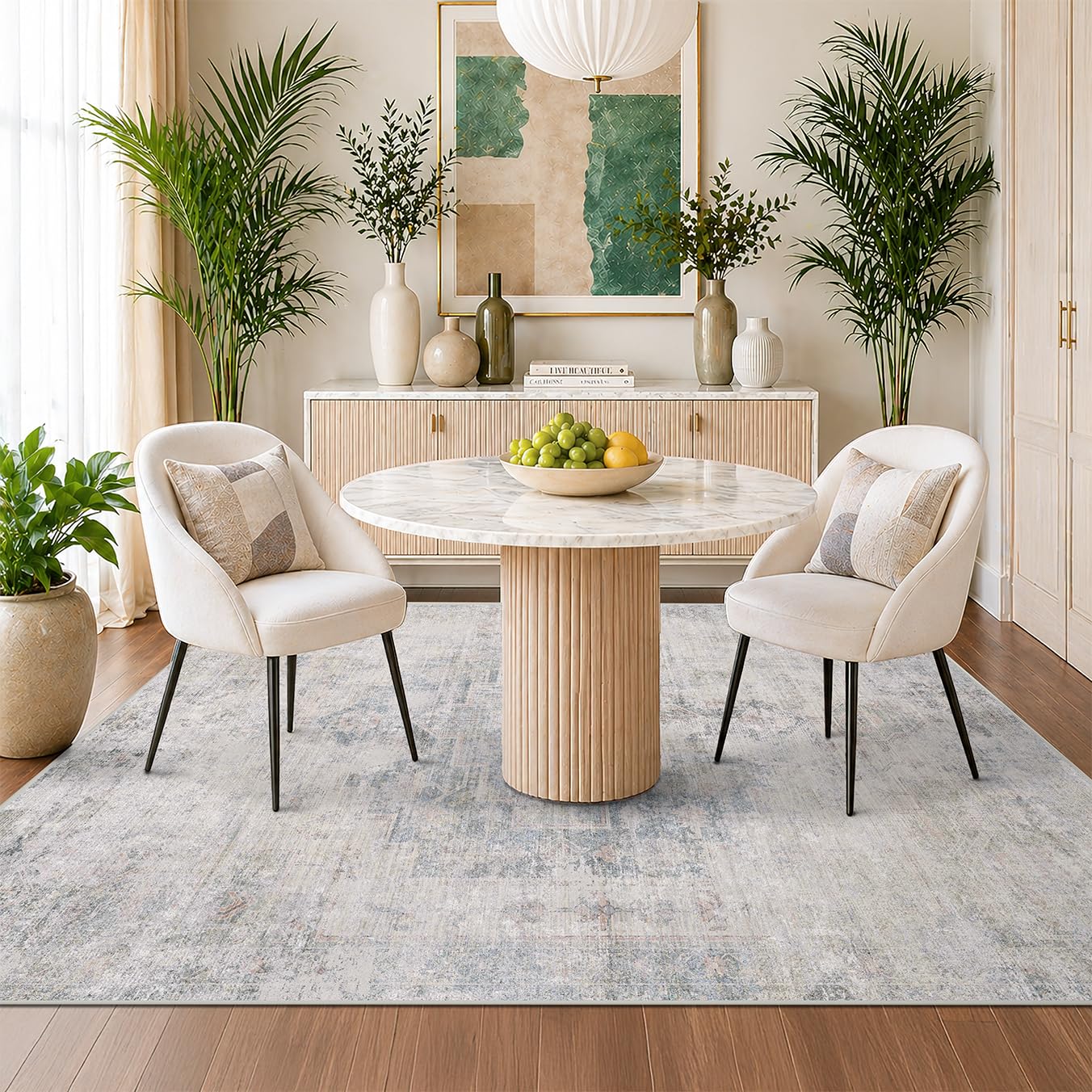 Low Pile Office Rugs for Rolling Chairs - 5x7 Abstract Rugs for Living Room, Large Entryway, Cream Slate Blue Decor, Non Slip with Rubber Backed & Stain Resistant