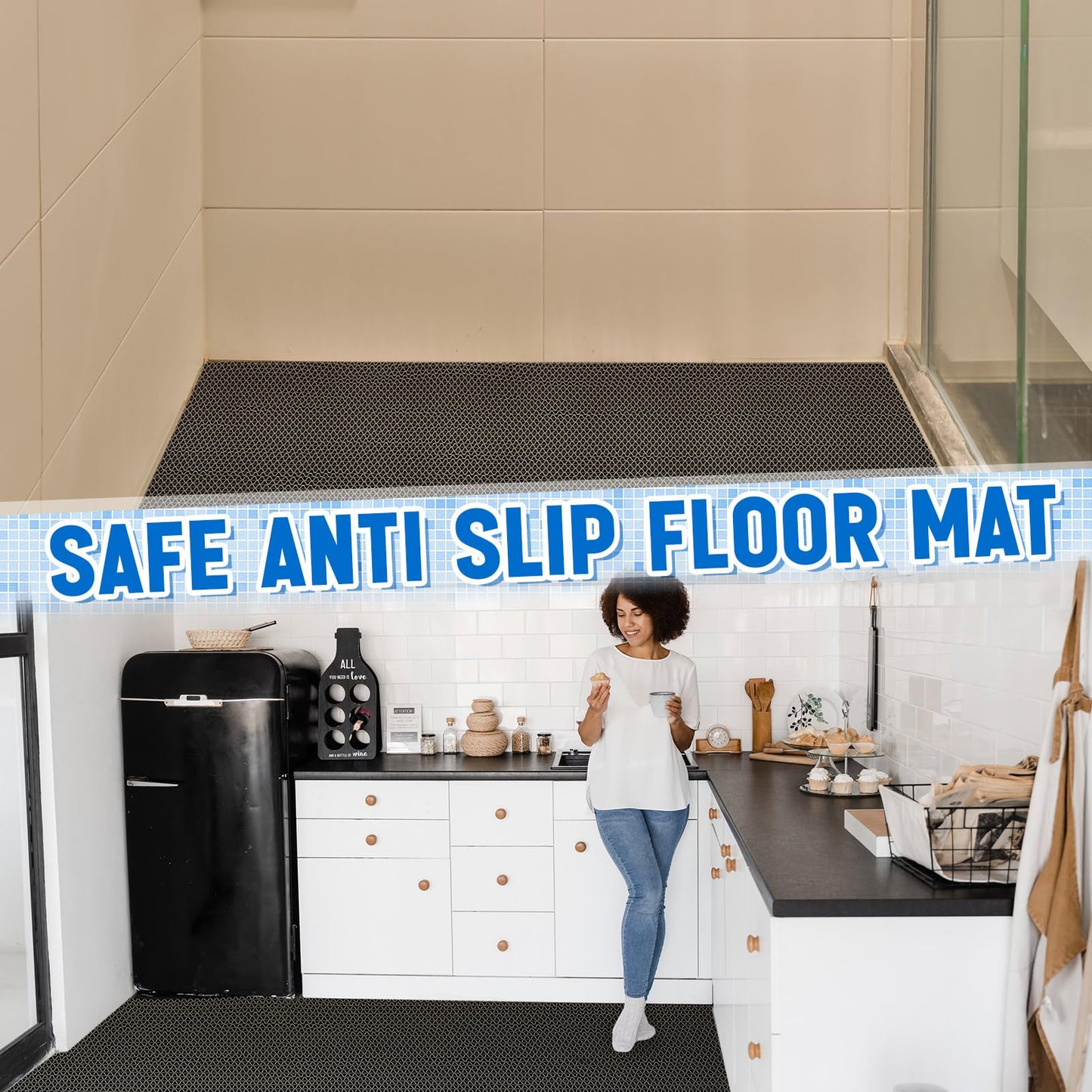 Tinideya 1.3x10 ft Non‑Slip Pool Drainage Floor Mat, Commercial & Indoor Wet Area Anti‑Slip PVC Water Drainage Mat, Cut‑to‑fit Pool, Bathroom, Garage PVC Mesh Flooring, Black
