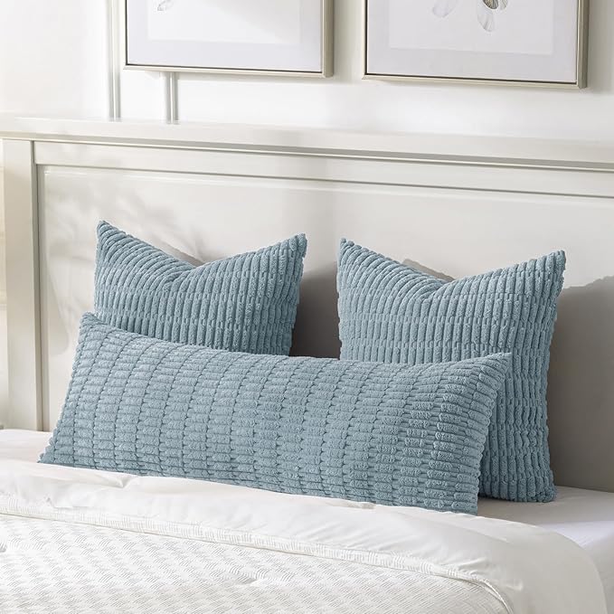 Fancy Homi 1 Pack Light Blue Long Lumbar Body Decorative Throw Pillow Covers 14x36 Inch for Bed Couch Bedroom Bench, Soft Corduroy Rectangle Solid Pillow Case 35x91 cm, Rustic Farmhouse Boho Decor