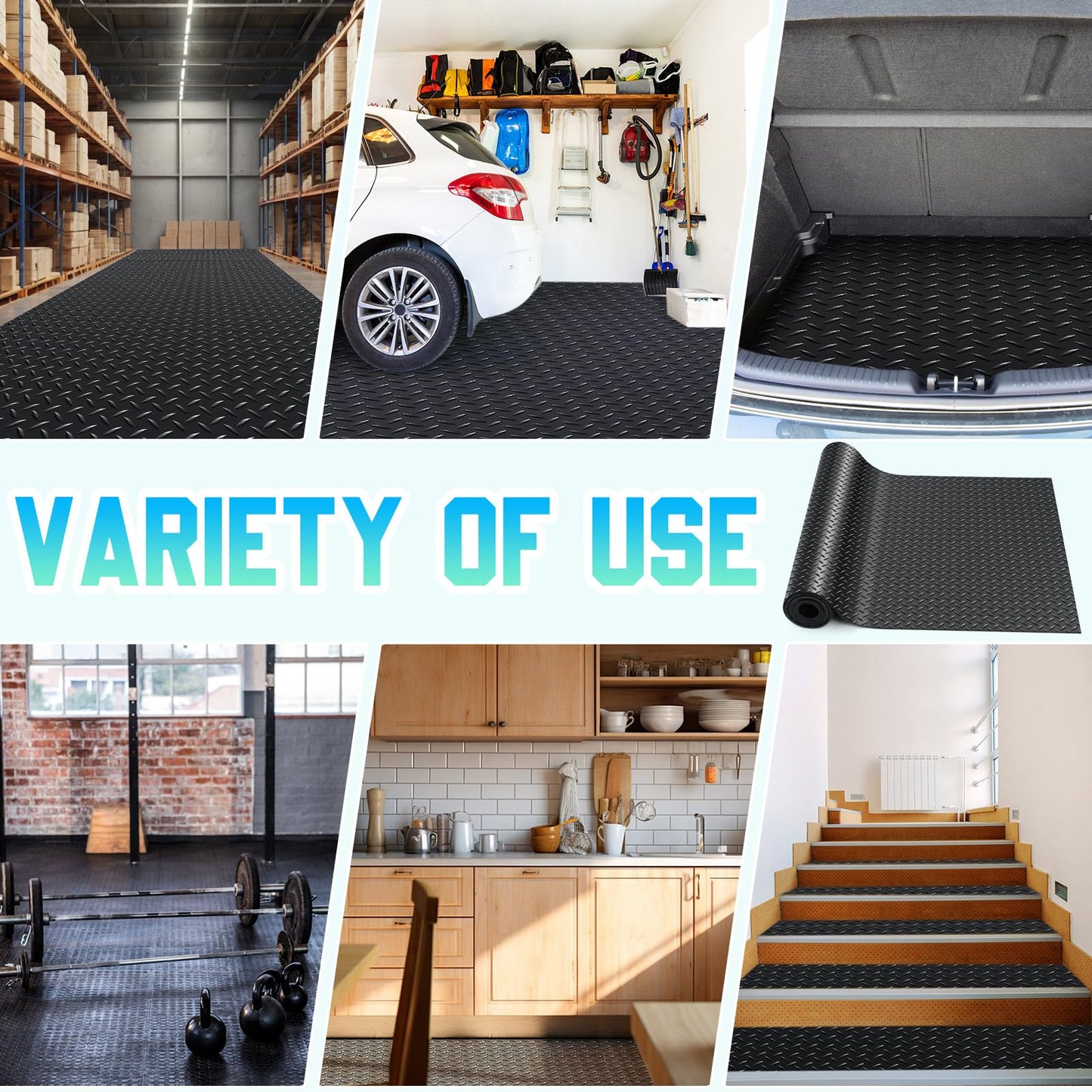 Breling 16 in x 20 ft Rubber Diamond Plate Rolls Garage Floor Mat for Under Car, Heavy Duty Flooring Rug for Trailers Garage, PVC Water/Stain Outside Stall Resistant Parking Rv Tool(Black)