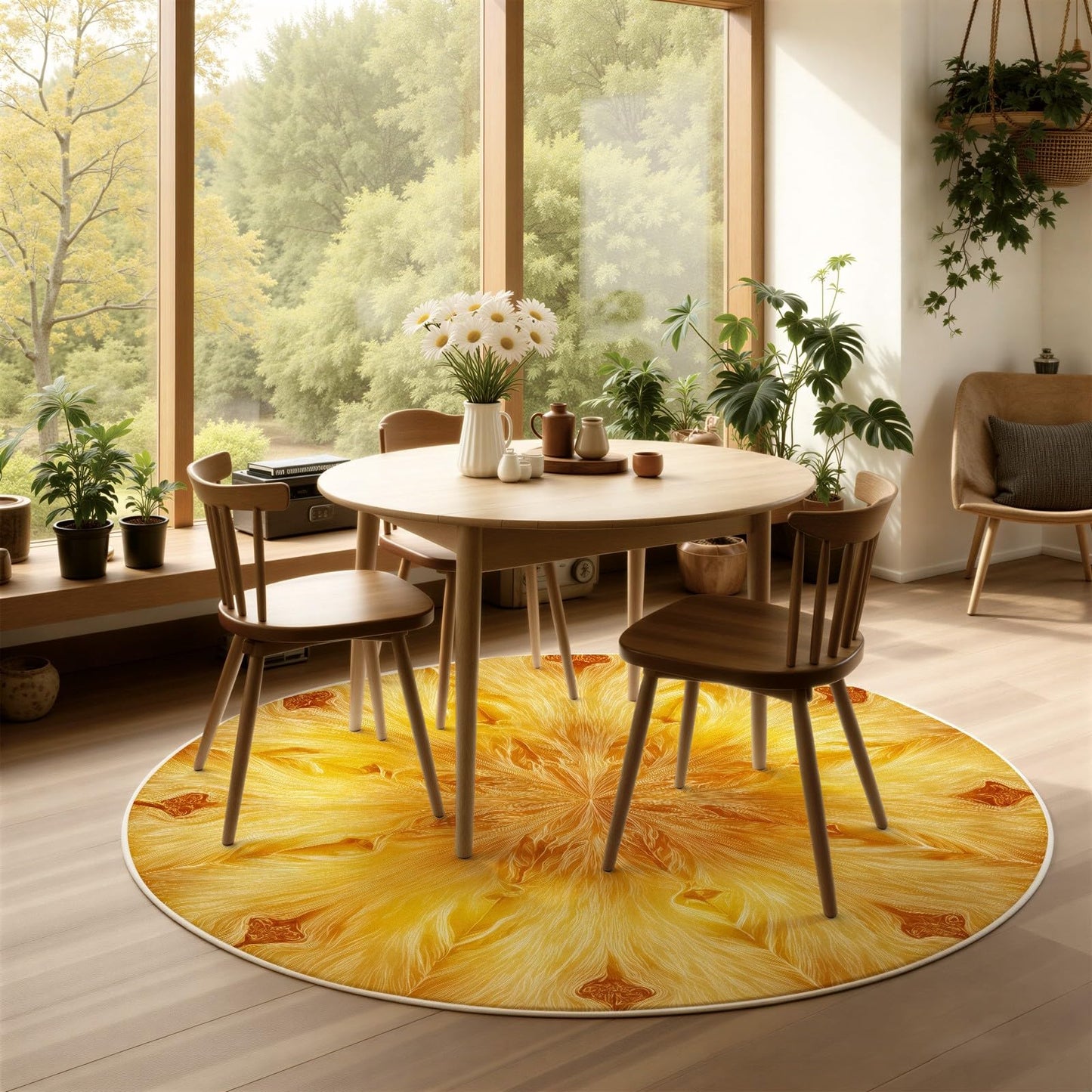 Round Rugs for Living Room, Bright Golden Yellow Circular Carpet with Abstract Sunburst Mandala Design, Washable Anti-Slip Soft Floor Mat, Indoor Home Decor Flower Rugs Under Coffee Table 4 ft