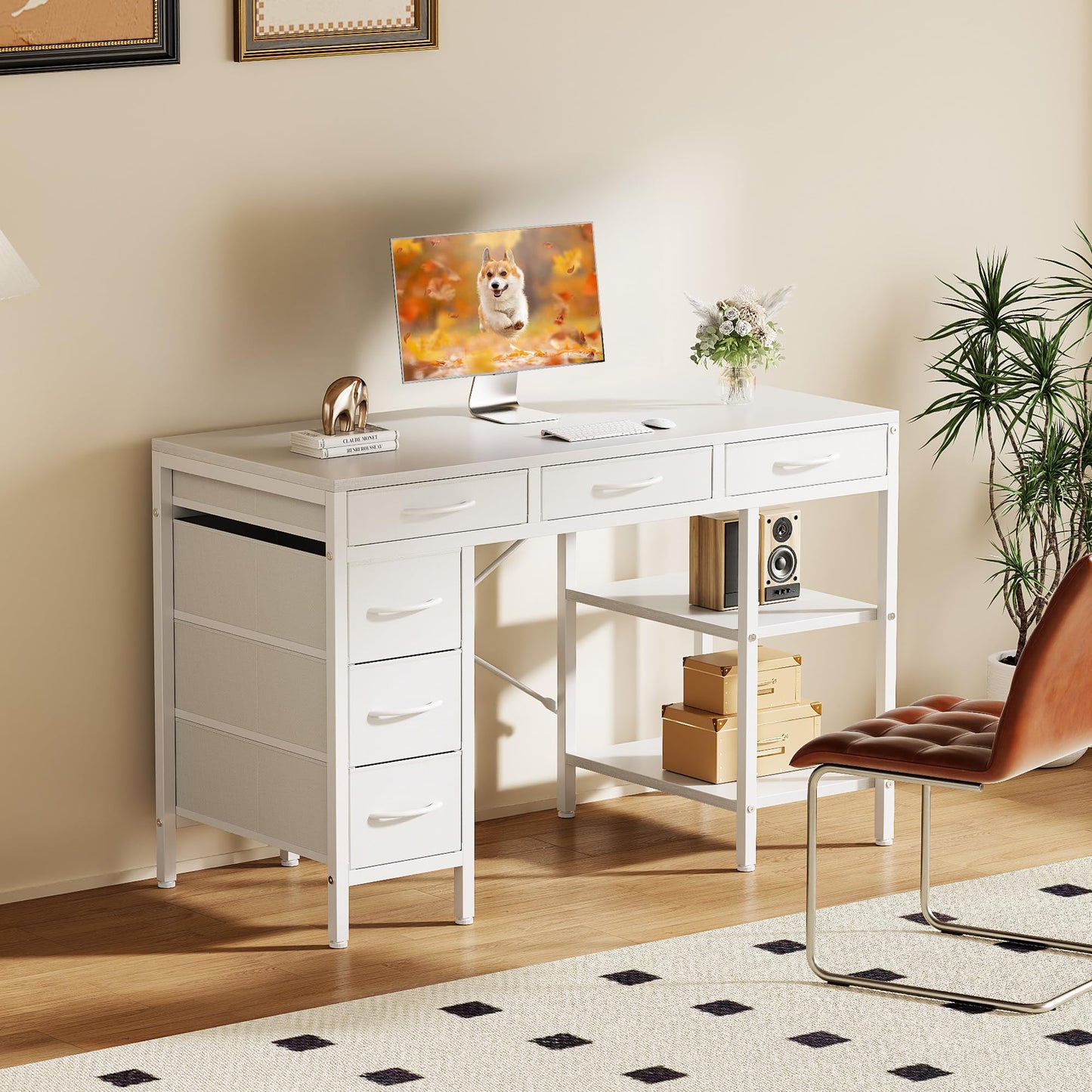 Sweetcrispy 47" Computer Desk with 6 Drawers, Home Office Gaming Desks with Storage Shelves for Bedroom, Writing Study Corner Living Room Work Table White