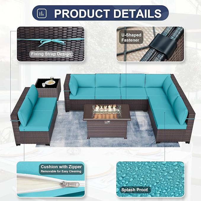 Kurapika 10 Pieces Patio Furniture Set, Rattan Wicker Outdoor Conversation Sets w/43in Propane Fire Pit Table and 4 Inch Cushion(Blue)