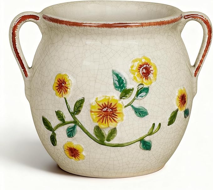 EFISPSS 6 Inch Vintage Ceramic Flower Pot with Relief Design & Handles,Ceramic Cracked Flower Pot with Drainage Hole for Indoor Plants,Tuscan Home Garden Decor (Living Room,Gift Ideas)