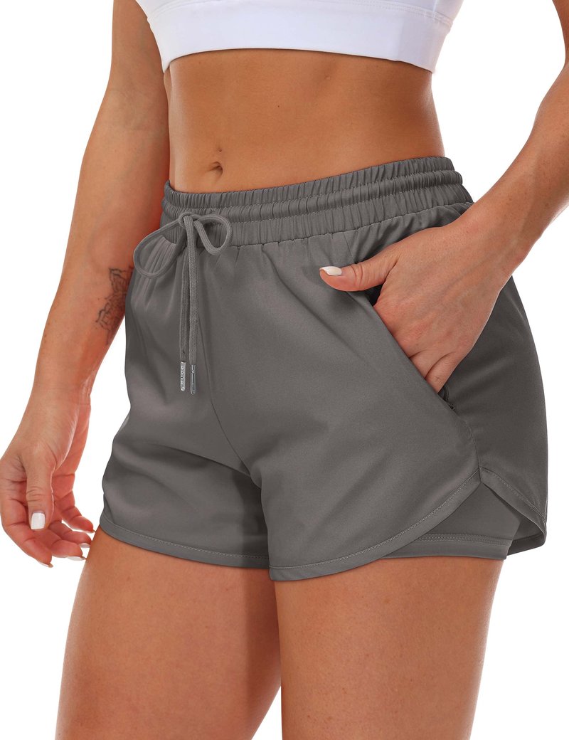 Mancreda Women's Running Shorts with Liner 3 Zipper Pockets Elastic Workout Athletic Gym Yoga Shorts(DGA,XL)