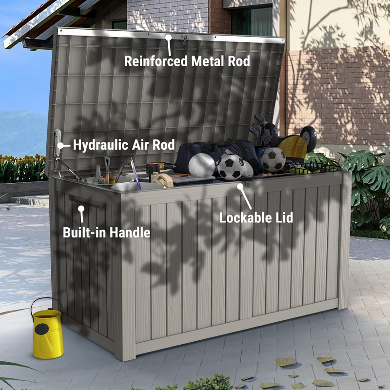Mars Villa 180 Gallon Outdoor Storage Box, Large Waterproof Resin Deck Box for Patio Furniture Cushions, Pool Supplies, Gardening Tools, Lockable, Weatherproof and UV Resistant, Grey
