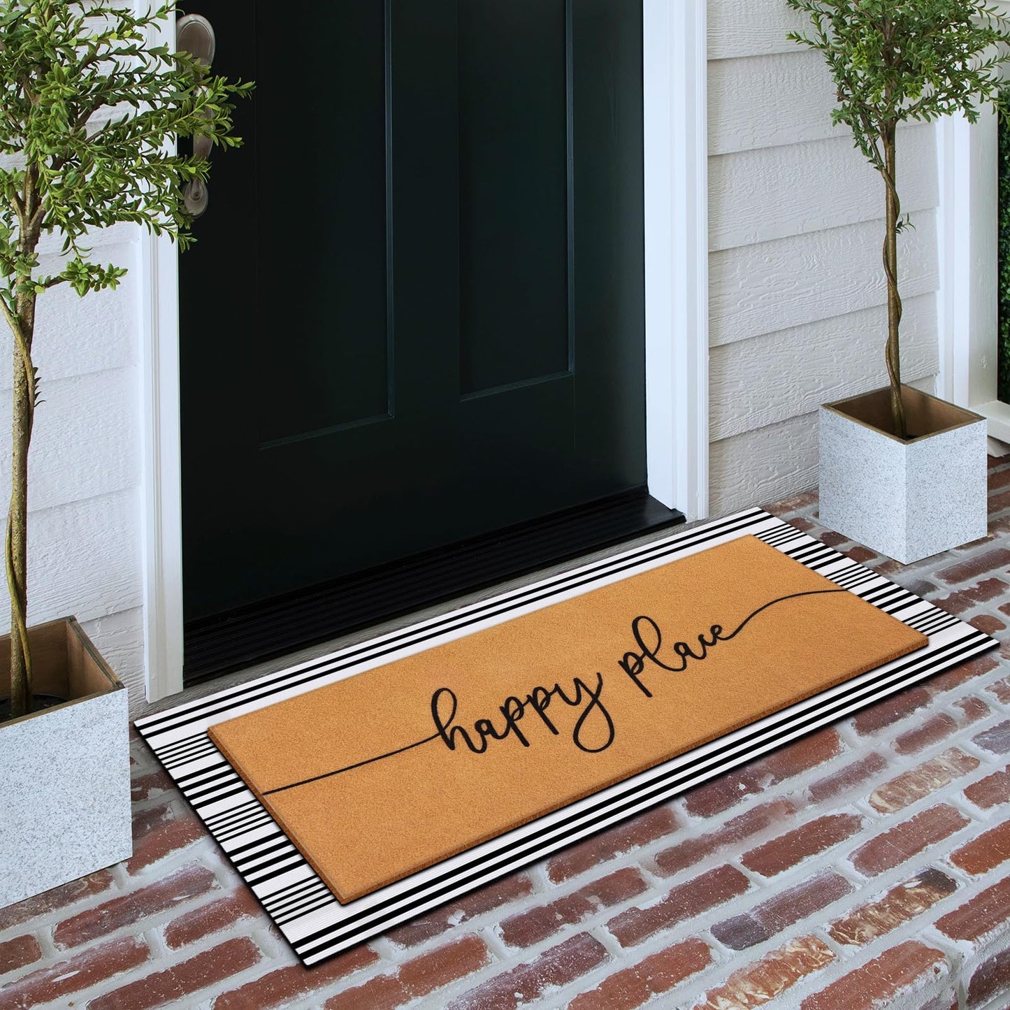 Tinideya 2 Pcs Summer Door Mat 17"x47" Happy Place Welcome Non Slip Coir Mats Large Floor Layering Black White Stripes Doormats Seasonal for Front Porch Entryway Decor