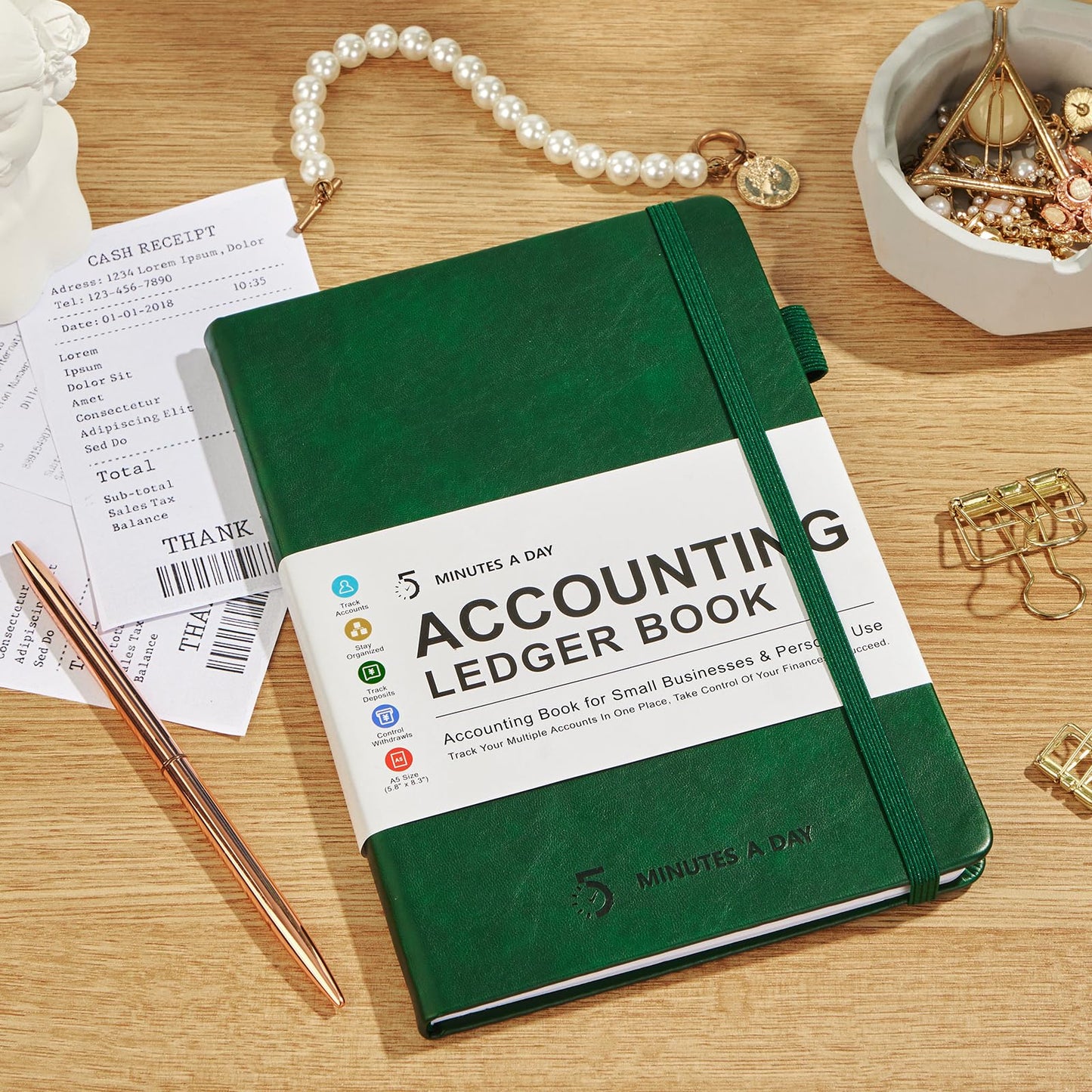 5 MINUTES A DAY Accounting Ledger Book: Business Expense Tracker Notebook - Personal Finance Checkbook for Small Business or Personal Use – Simple Ledger Books for Bookkeeping - Dark Green,5.8” x 8.5”