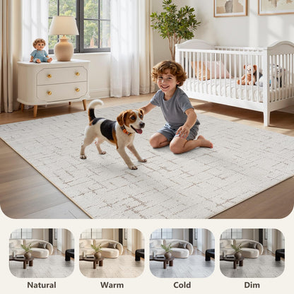 Engiw-Beige Neutral 5x7 Area Rug for Living Room Rug-Carpet Bedroom Rugs Textured Tufted Jacquard Modern Washable Rug for Dining Room Nursery Non Slip
