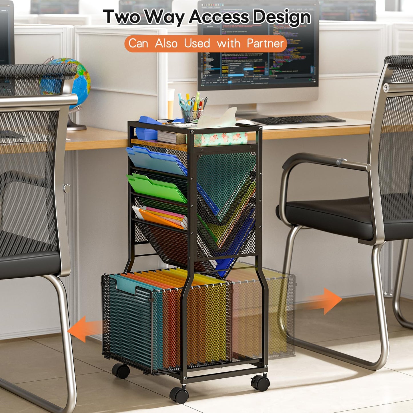 DAOUTIME 8 Tier Rolling File Cart with Hanging File Folder Organizer, Mobile File Organizer with 2 Sides Access Bookcase, Beside/Under Desk Cart with Wheels for Office Home School