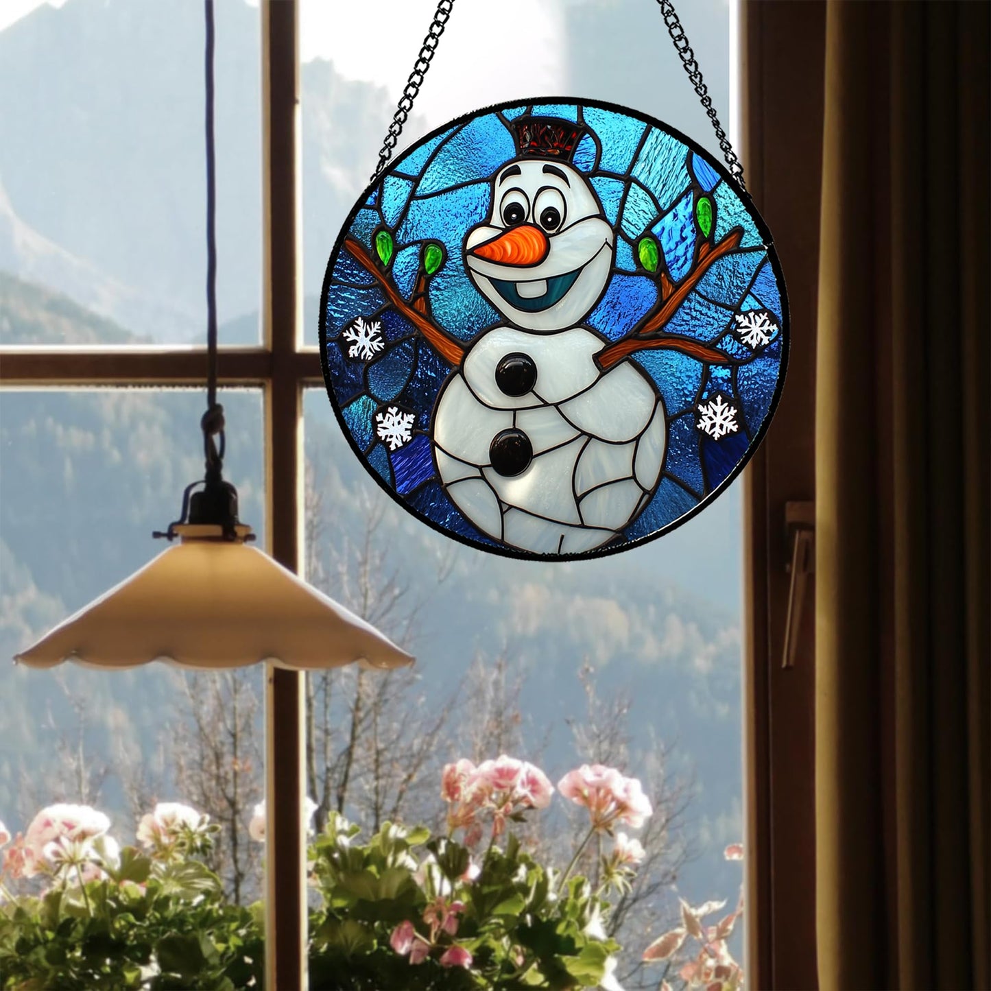JOSUMALY Stained Glass Window Hanging Christmas Funny Snowman 7.8" - Suncatcher Door Garden Blue White Snowflakes Sun Catcher New Year Birthday for Friend Mom Men Woman Nana