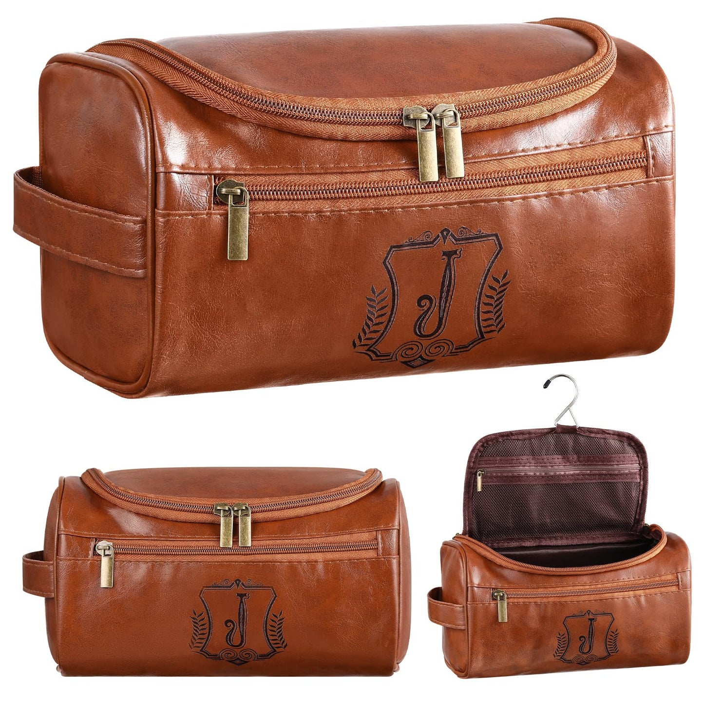 Sadnyy Father's Day Personalized Leather Toiletry Bag for Men Initial Travel Bag with Hook Monogrammed Toiletry Pouch Leather Travel Bathroom Kit with Side Handle for Anniversary Birthday Gifts(J)