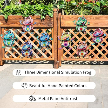 Junware Metal Frog Wall Decor, 8Pcs Frogs Wall Art Sculptures Hanging Sculpture Decoration, Outdoor Fence Arts for Home Garden, Fence, Patio, Yard, Bedroom Outside Gifts for Adults