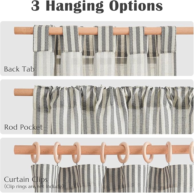 jinchan Striped Linen Kitchen Curtains 24 Inches Tier Curtains Farmhouse Modern Cafe Style Small Window Treatments Airy Light Filtering Rod Pocket for Living Room Bathroom 2 Panels Charcoal Grey