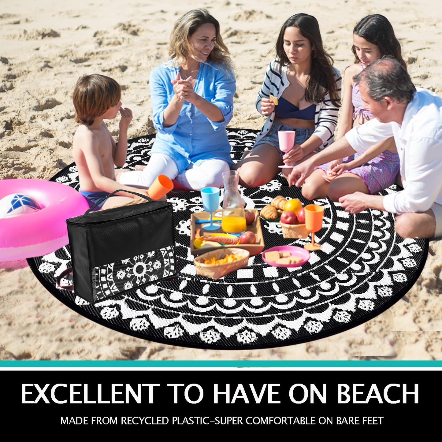 Capslpad 6Ft Round Outdoor Rug for Patio Reversible Mat Boho Circle Indoor Outside Area Rug Waterproof Plastic Straw Rug for RV Camping Picnic Pool Tent Beach Deck Balcony Doormats Decor, Black