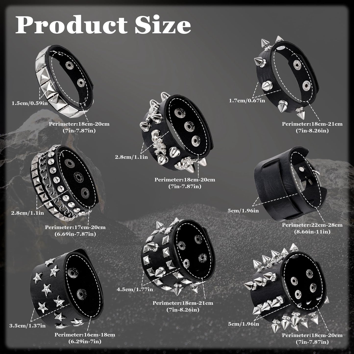 LOAYHOAY 8PCS Spiked Studded Bracelets Cuff for Men Women Black Punk Goth Leather Bracelet Emo Rivet Bracelet Adjustable Rock Pop 80s 90s Retro Button Metal Wrap Wristbands Halloween Accessories C