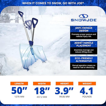 Snow Joe Snow Shovel, Shovelution Strain-Reducing Ice Remover w/ Assist Handle, 18", Blue - Heavy-Duty Blade Tool for Digging and Removing Ice from Driveway, Patio, and Yard, SJ-SHLV02