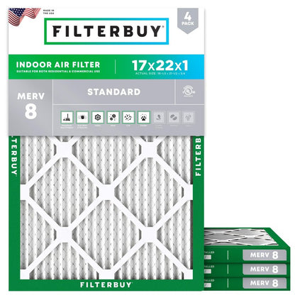 Filterbuy 17x22x1 Air Filter MERV 8 Essential Dust & Allergy Defense (4-Pack), Electrostatic Pleated HVAC AC Furnace Filters Replacement, Made in USA (Actual Size: 16.50 x 21.50 x 0.75)