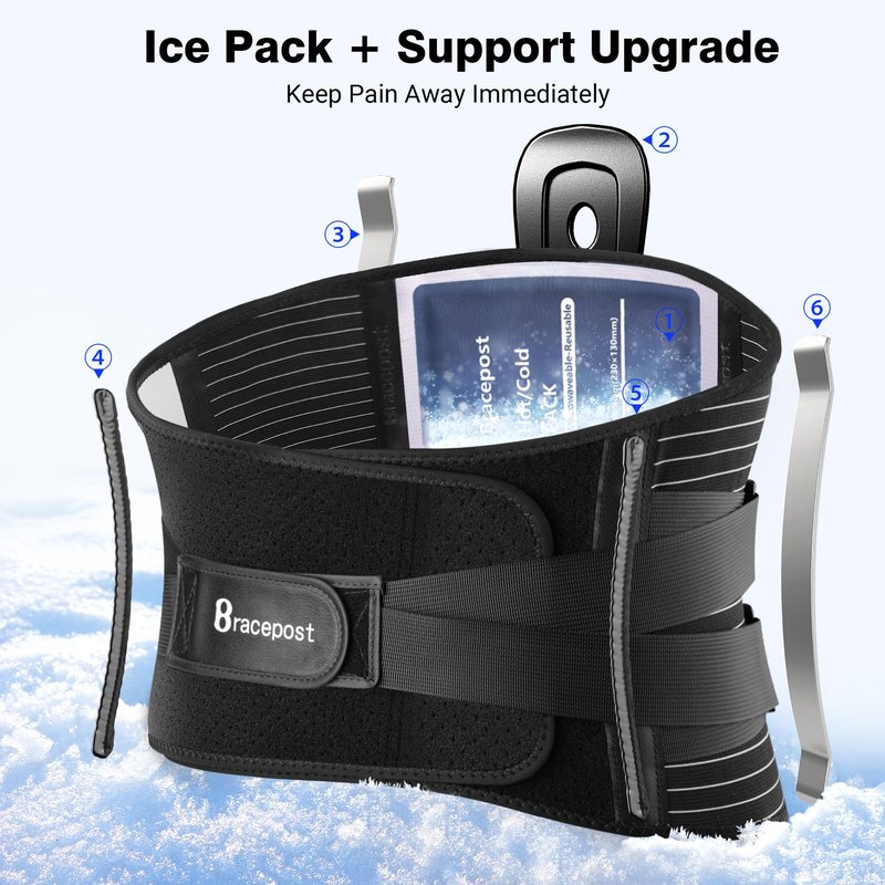 Bracepost Back Brace for Lower Back Pain,Reusable Ice Pack for Injuries Lumbar Support Belt for Men Women,Bionic Spine Design Back Brace with Cold Pad for Sciatica Herniated Disc,XL