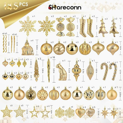 SHareconn 145pcs Christmas Balls Ornaments Set, Shatterproof Plastic Baubles Snowflakes, Stars and Tree Topper for Xmas Tree Holiday Wedding Party Decorations with Hanging Strings, Dark and Light Gold