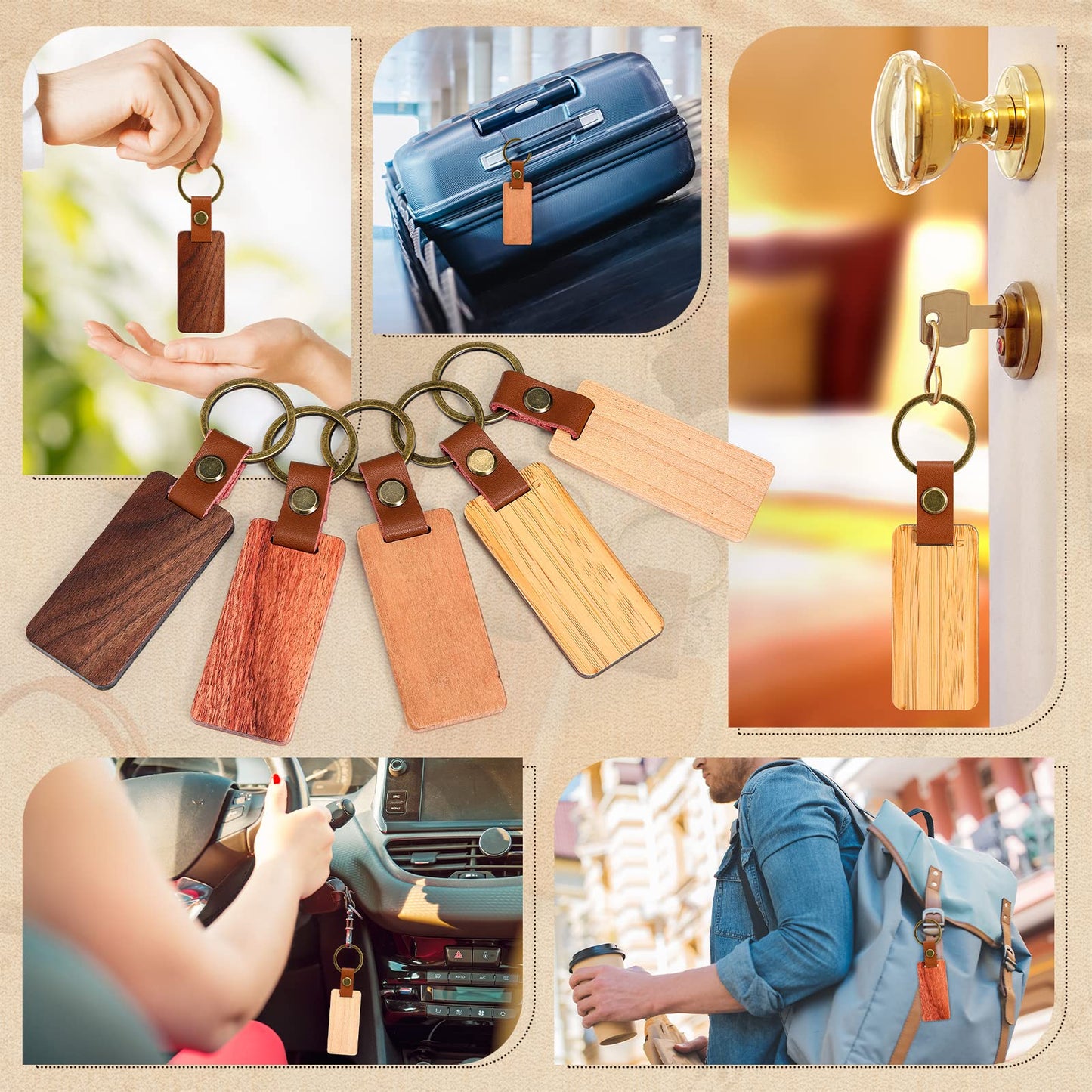 Sasylvia 50 Pcs Leather Keychain Blanks Wooden Keychain Blanks Unfinished Wood Tags with Leather Strap Keyring(White Maple, Walnut, Rosewood, Cherrywood, Bamboo)