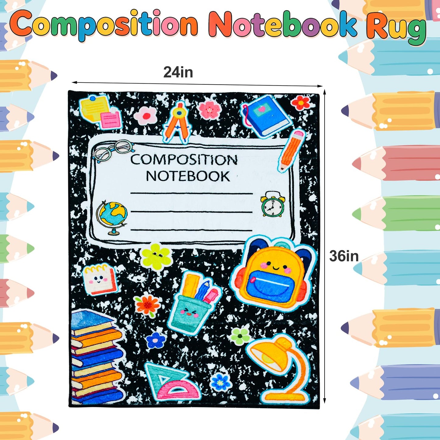 2 * 3feet Composition Notebook Classroom Rug Soft Educational Area Rug Kids Playroom Non-Slip Educational Learning Mat Play Carpet for Classroom Nursery Learning Corner Decor
