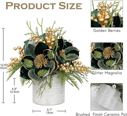 13 inch Green Christmas Table Centerpiece 5" Glitter Magnolia Flower and Berries Fir Greenery Artificial Christmas Floral Centerpiece in Ceramic Pot TableTop Christmas Table Arrangement Decoration