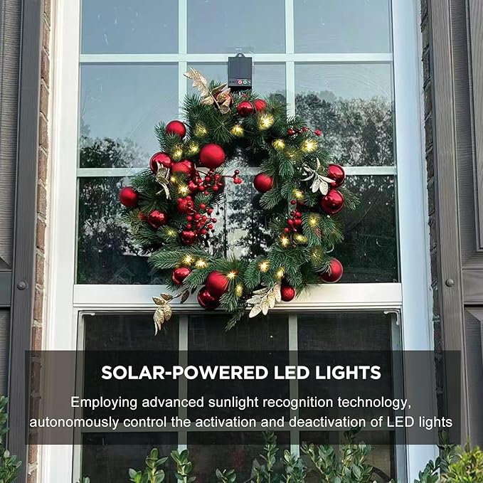 4pack Solar Christmas Wreath 24 Inch Pre-Lit Solar 50 Led Artificial Wreath Outdoor Front Door Window Christmas Decorations with Frosted Branches Red Christmas Balls (2408-4pk)