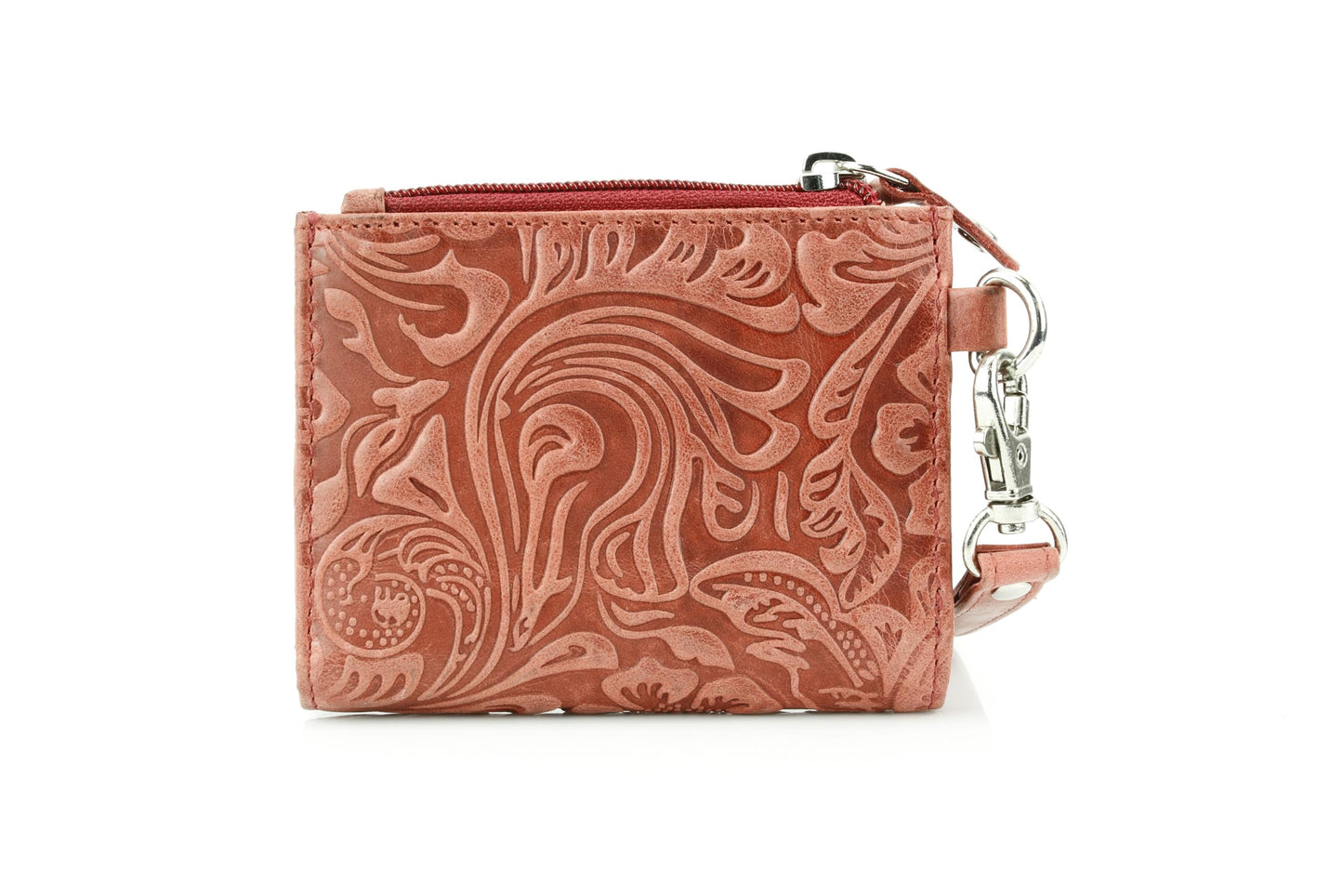 American Bison Small Fold-Over Wristlet Wallet for Women – Floral Embossed Filigree Clutch with Snap Closure, Zip Coin Pocket, Card Slots & ID Window (Red)