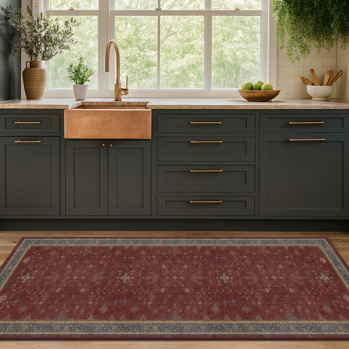 2x6 Turkish Kitchen Runner Rugs Non Skid Washable - Washable Rug for Hallway, Bedroom Bedside, Bathroom, Laundry Room, Hallway, Non Slip with Rubber Backing, Oriental Dark Red Kitchen Accessories