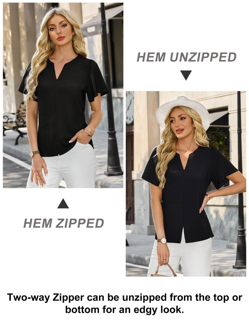 Blooming Jelly Womens Dressy Casual Blouses Business Work Summer Tops Zip Ruffle Short Sleeve Cotton Shirts Trendy Spring Outfits (Black,Medium)