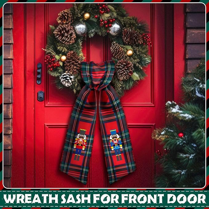 Wreath Sash for Front Door Wreath Satin Sash Blank Sashes Embroidery Monogram Yard Doorway Indoor Outdoor Wall Ribbon Bow Home Decor (Red, Black,Black Nutcracker)