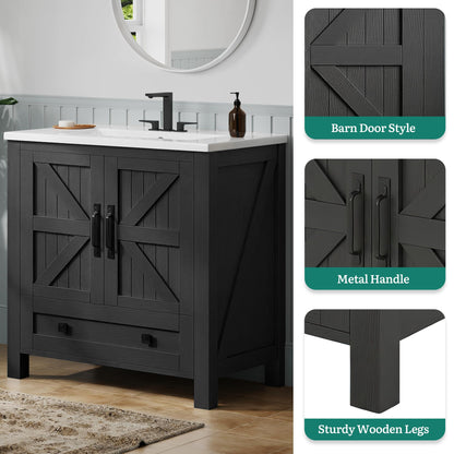 YITAHOME 30 Inch Farmhouse Bathroom Vanity with Sink, Small Space Bathroom Storage Cabinet with Large Drawer, 2 Wood Barn Doors with Built-in Door Racks