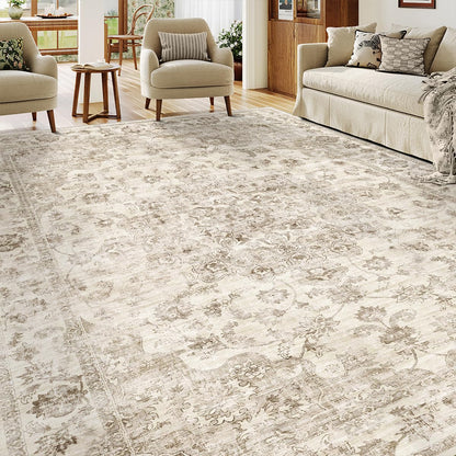 WondRg 10x14 Neutral Area Rug Beige Vintage Living Room Bedroom Washable Carpet Non-Slip Soft Low Pile Farmhouse Indoor Large Throw Rug for Dining Room Office