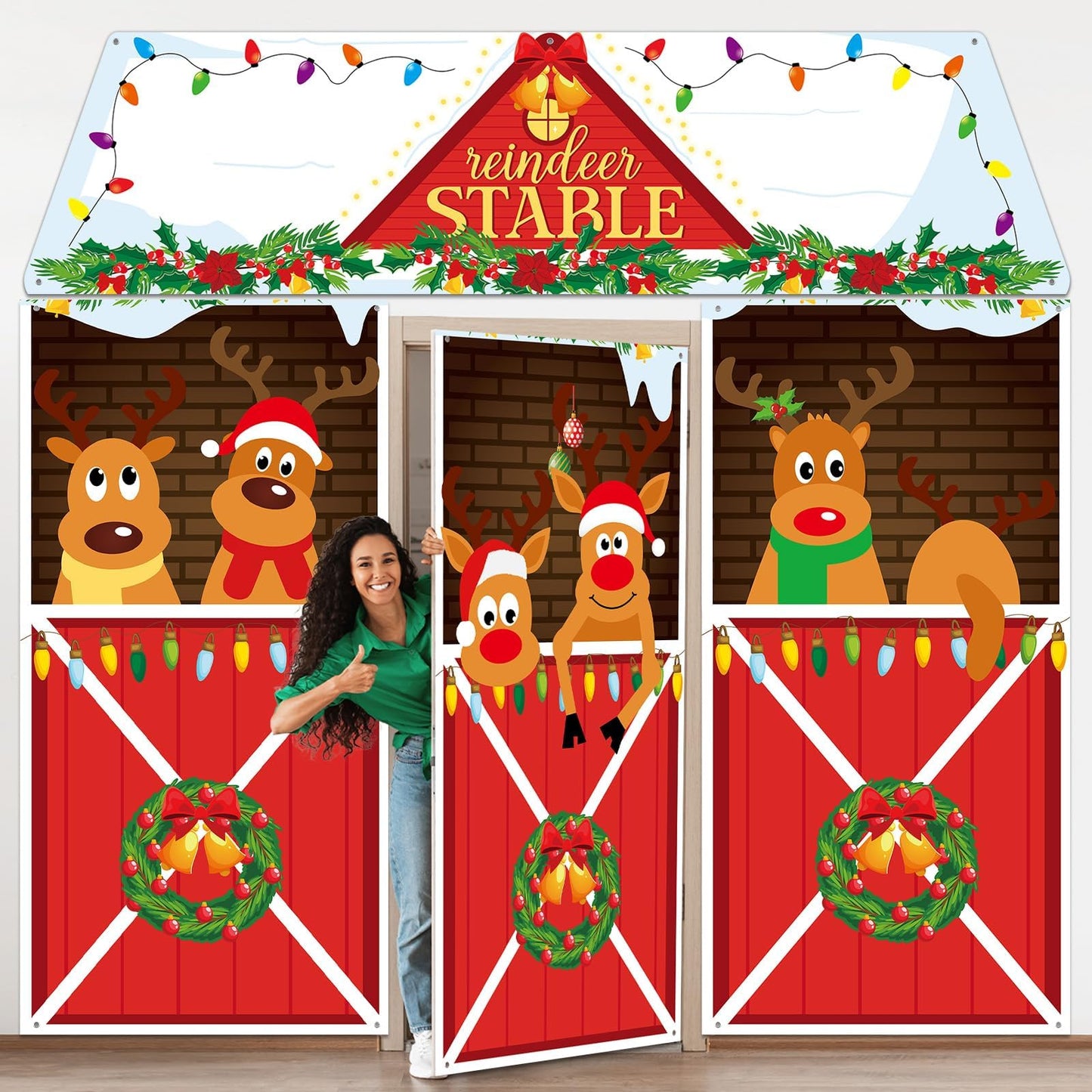 4 Pcs Christmas Deer Door Decorations Xmas Reindeer Stable Door Covers Backdrop Christmas Elk Snowflakes Hanging Banner Porch Sign for Holiday Wall Window Classroom Office Home Party Decor