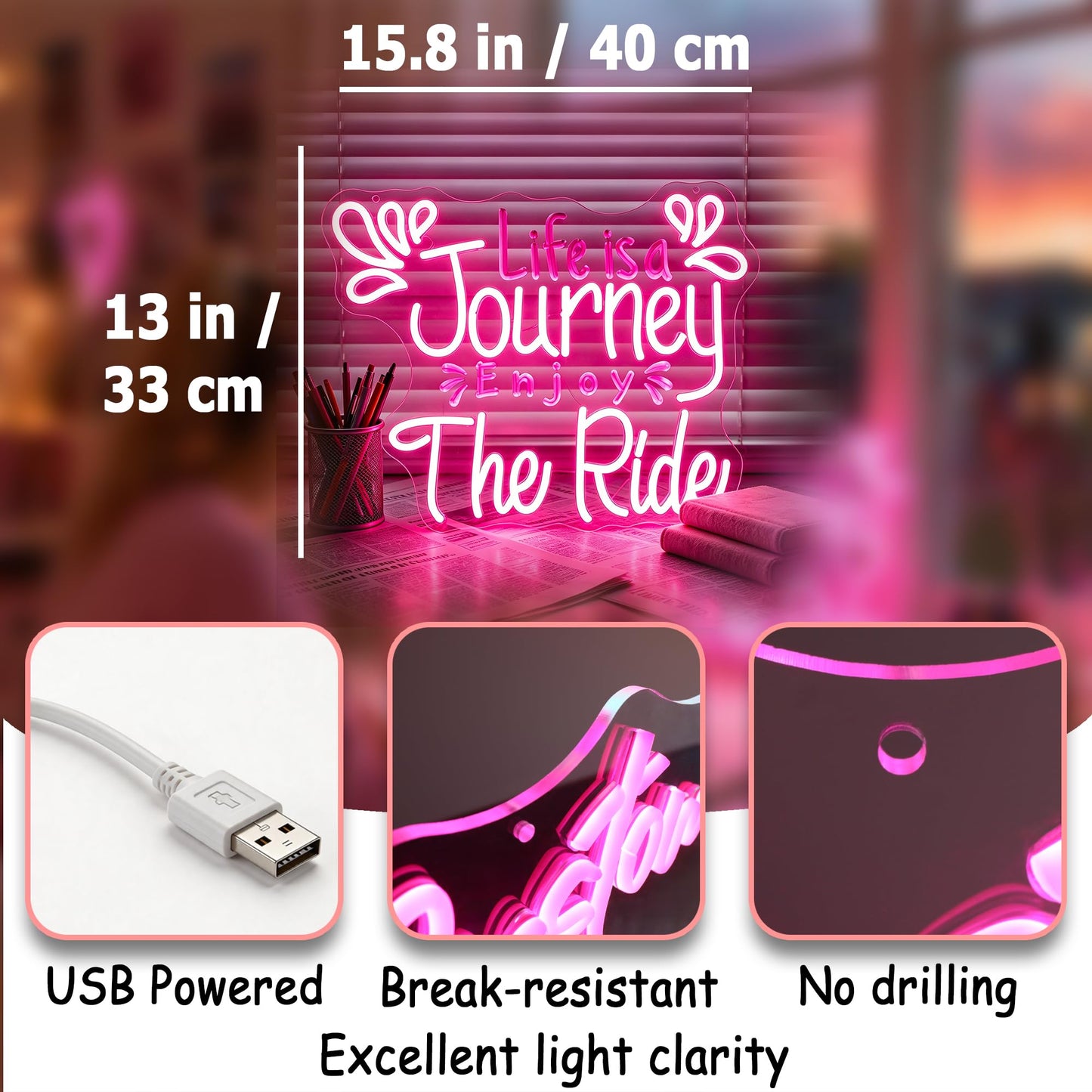 Whfobfe Pink Neon Sign Led Neon Lights Signs for Wall Decor USB Powered Led Signs for Room Decoration-Life is a Journey Enjoy The Ride