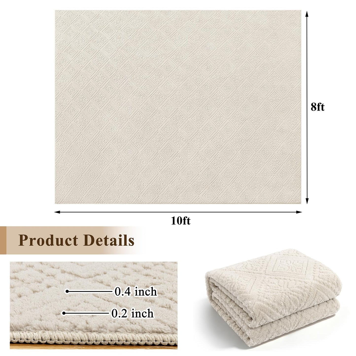 U'Artlines 8x10 Beige Washable Area Rug for Living Room, Soft Fluffy High Low Textured Carpet, Modern Neutral Geometric Non Slip Rugs for Bedroom Dining Room Kids Room