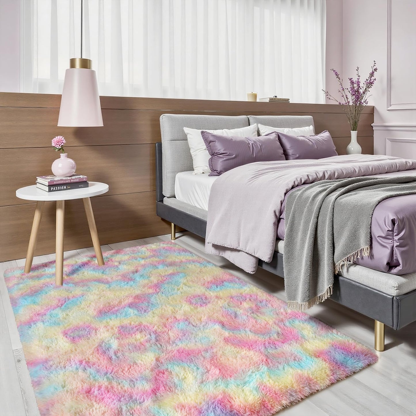 Terrug Fluffy Area Rug for Bedroom, Rainbow 3x5 Ft Throw Rug for Living Room Kids Room, Ultra-Soft Plush Washable Carpet with Non-Slip Rubber Backing, Cozy Floor Decoration